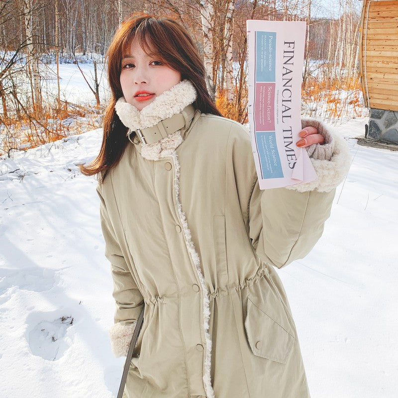 Khaki Cotton Coat with Rabbit Fur Lining