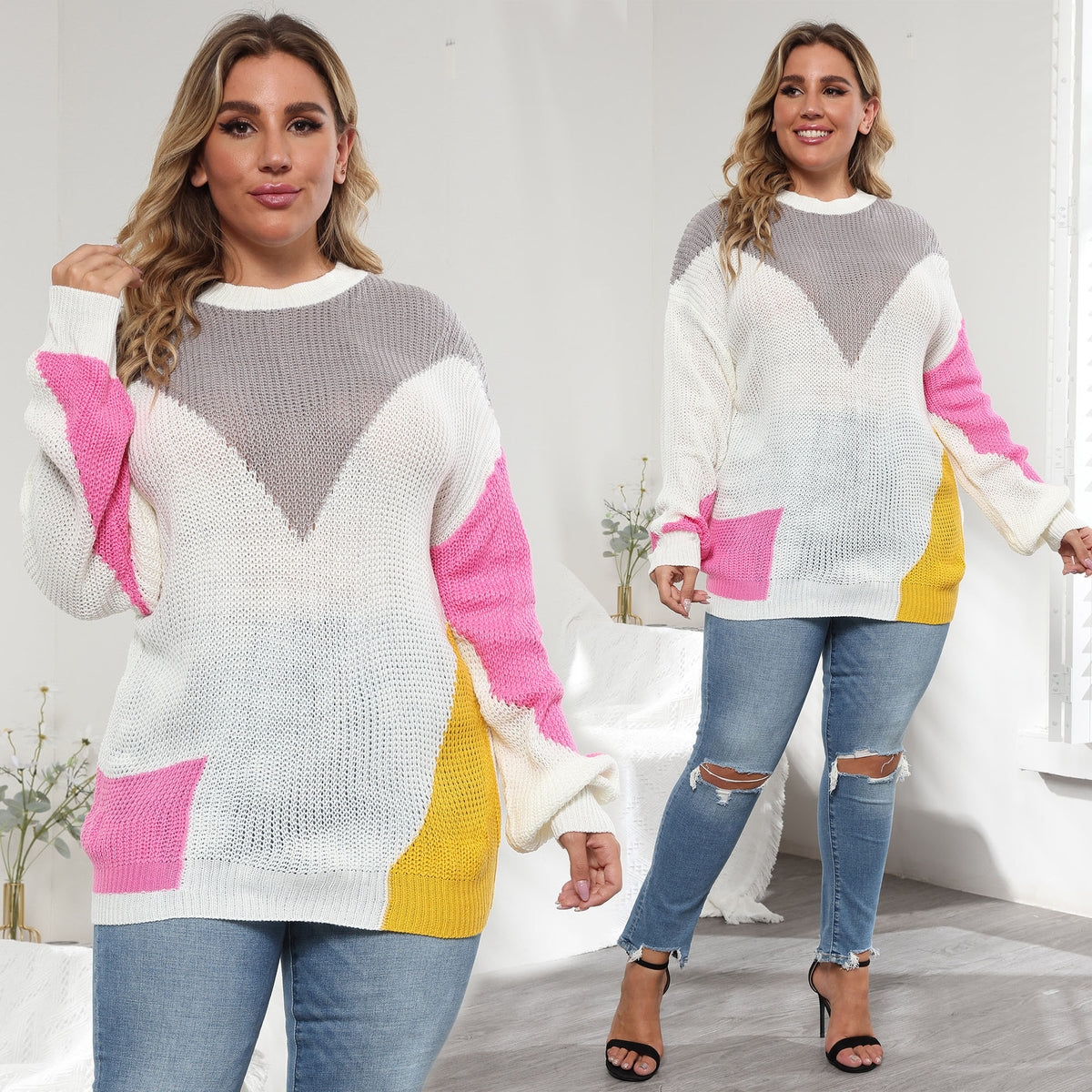 Plus Size Women's Contrast Stitch Pullover Sweater | Streetwear