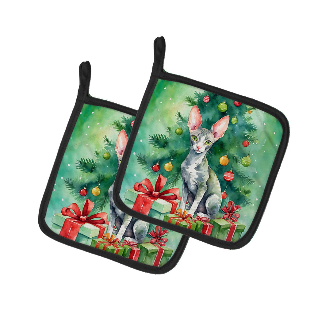 Cornish Rex Cat By the Christmas Tree Pair of Pot Holders