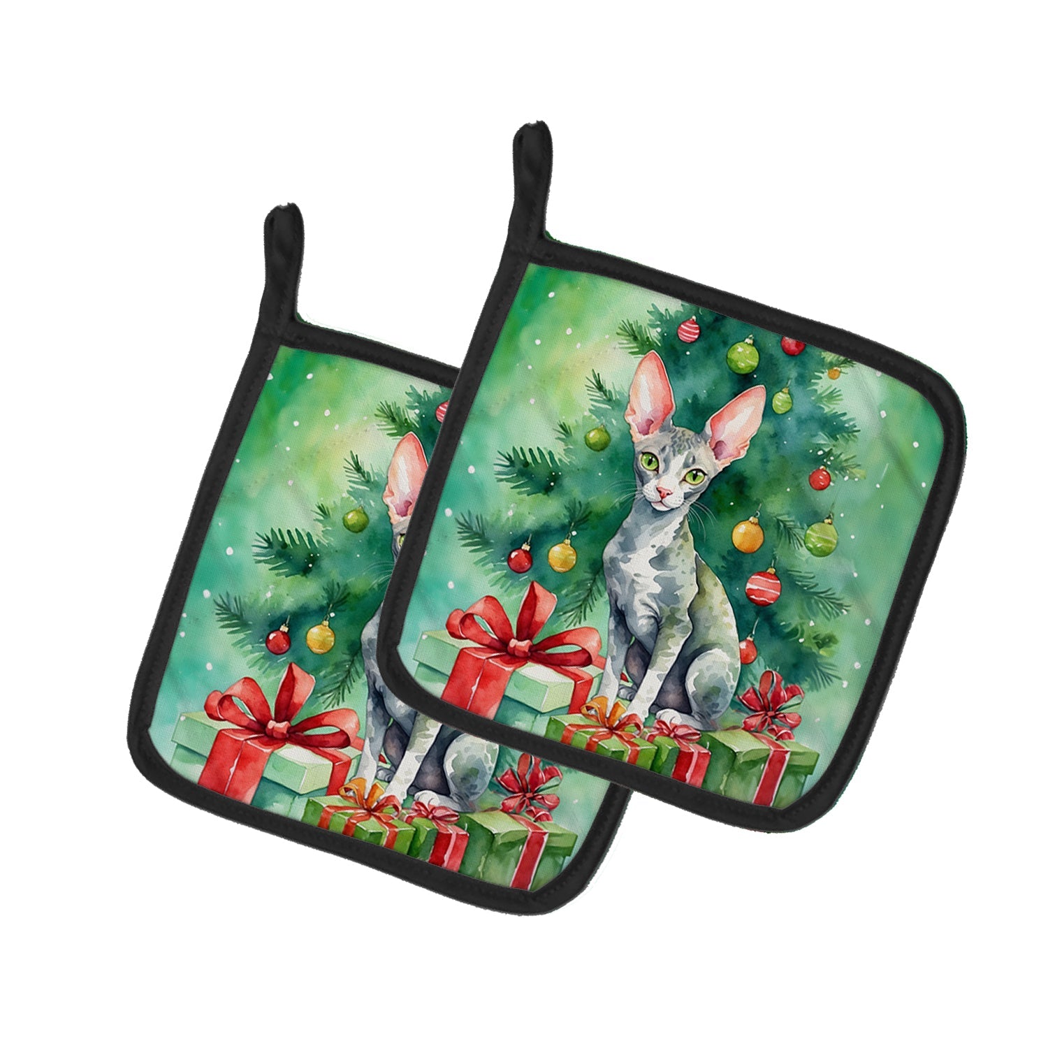 Cornish Rex Cat By the Christmas Tree Pair of Pot Holders