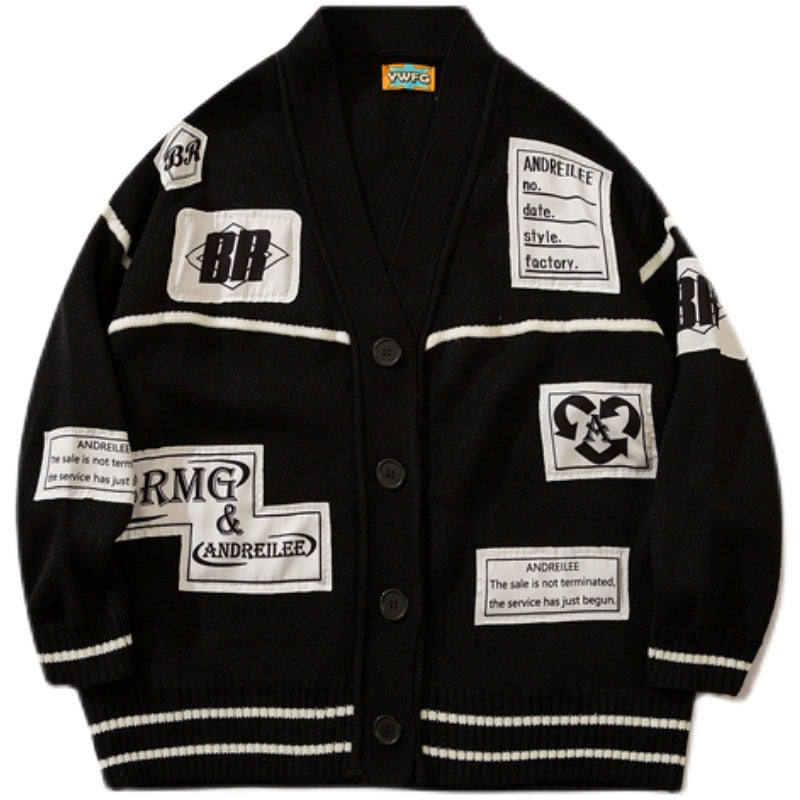 Men's Oversized Knitted Cardigan with Letter Print