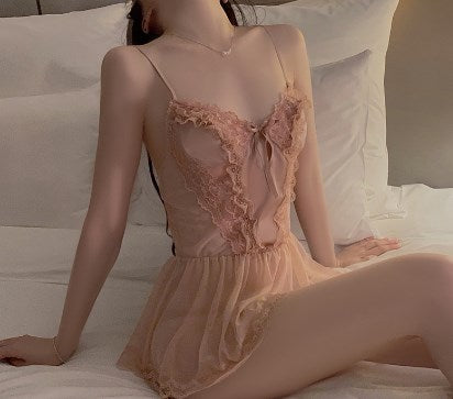 Lace and Mesh Deep V Nightgown and Robe Set 2216
