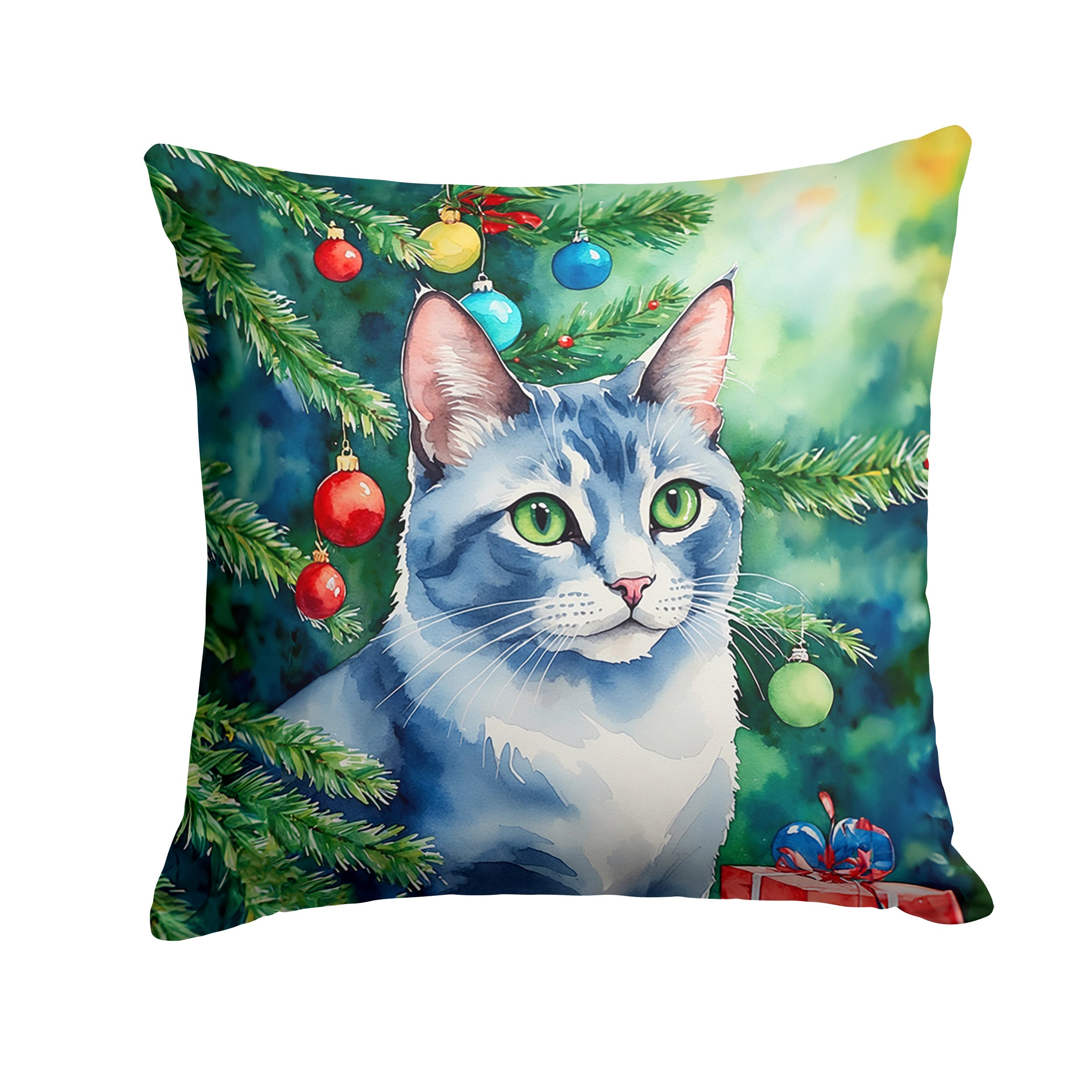 Ojos Azules Cat By the Christmas Tree Throw Pillow