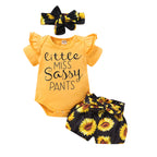 Sunflower Print Baby Bodysuit and Shorts Set (3 Pieces)