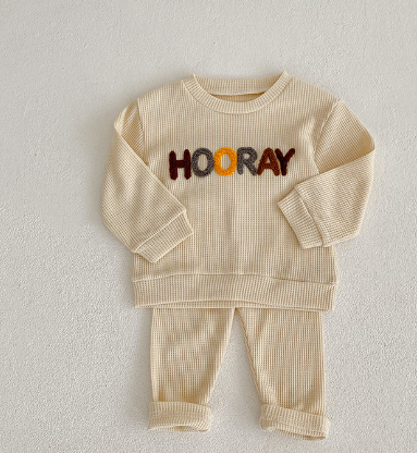 Hooray Happy Cartoon Letter Print Hoodie and Pants Set