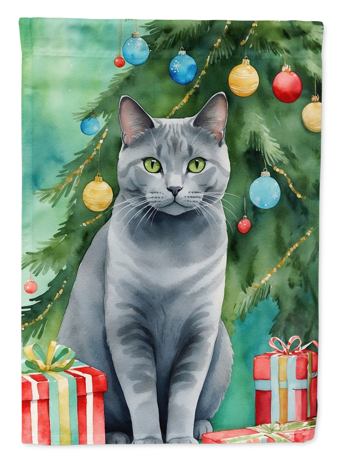 Chartreux Cat By the Christmas Tree House Flag