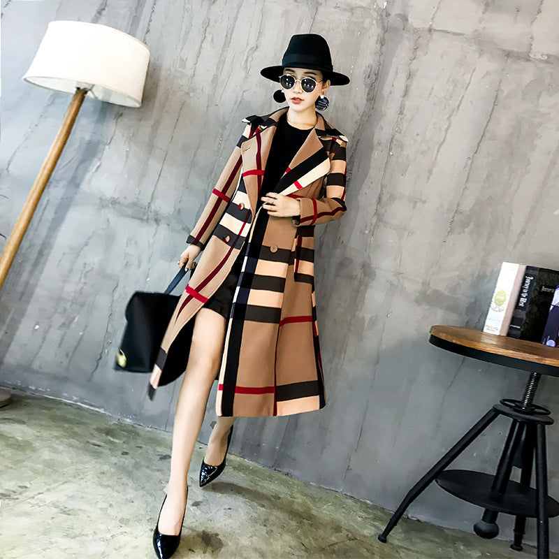 Women's Mid-Length Color-Block Retro Lapel Jacket