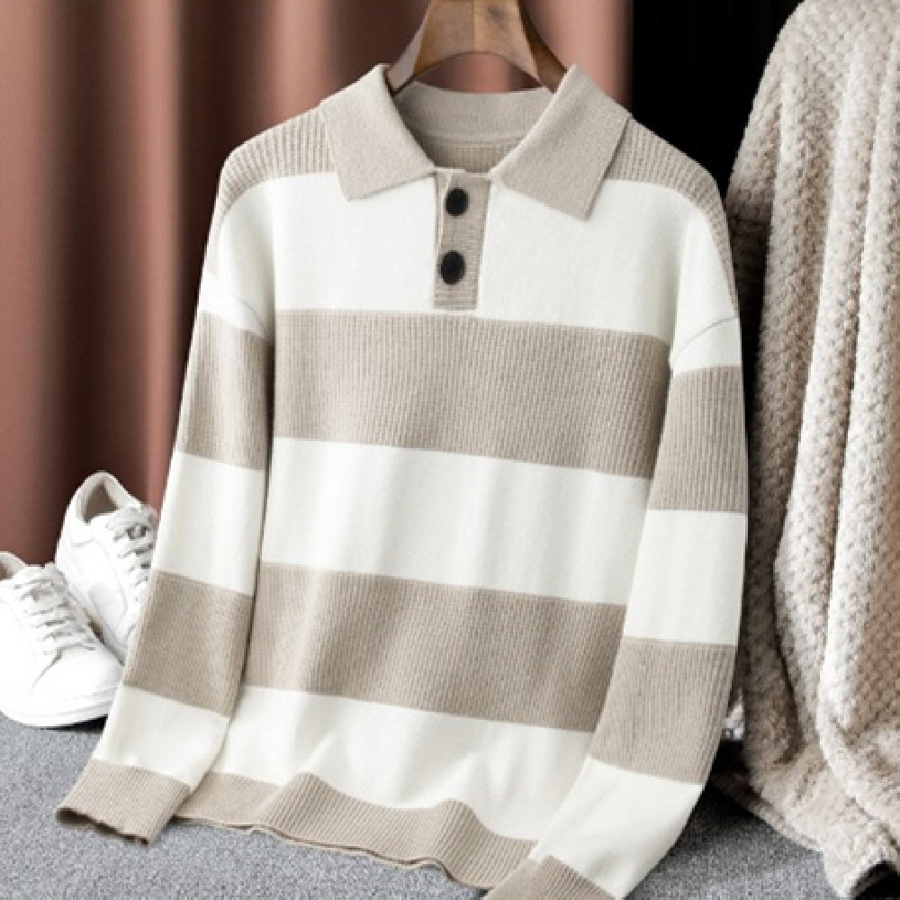 Men's Loose Contrast Color Striped Lapel Sweater