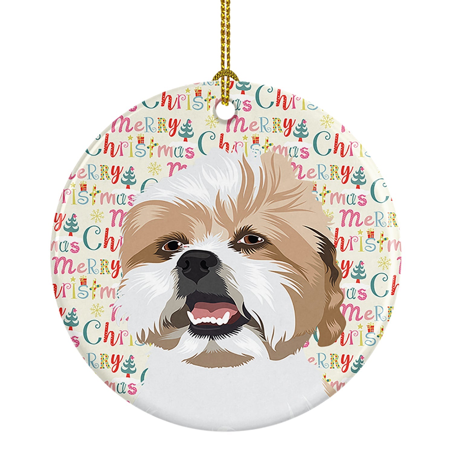 Shih-Tzu Silver Gold and White Christmas Ceramic Ornament
