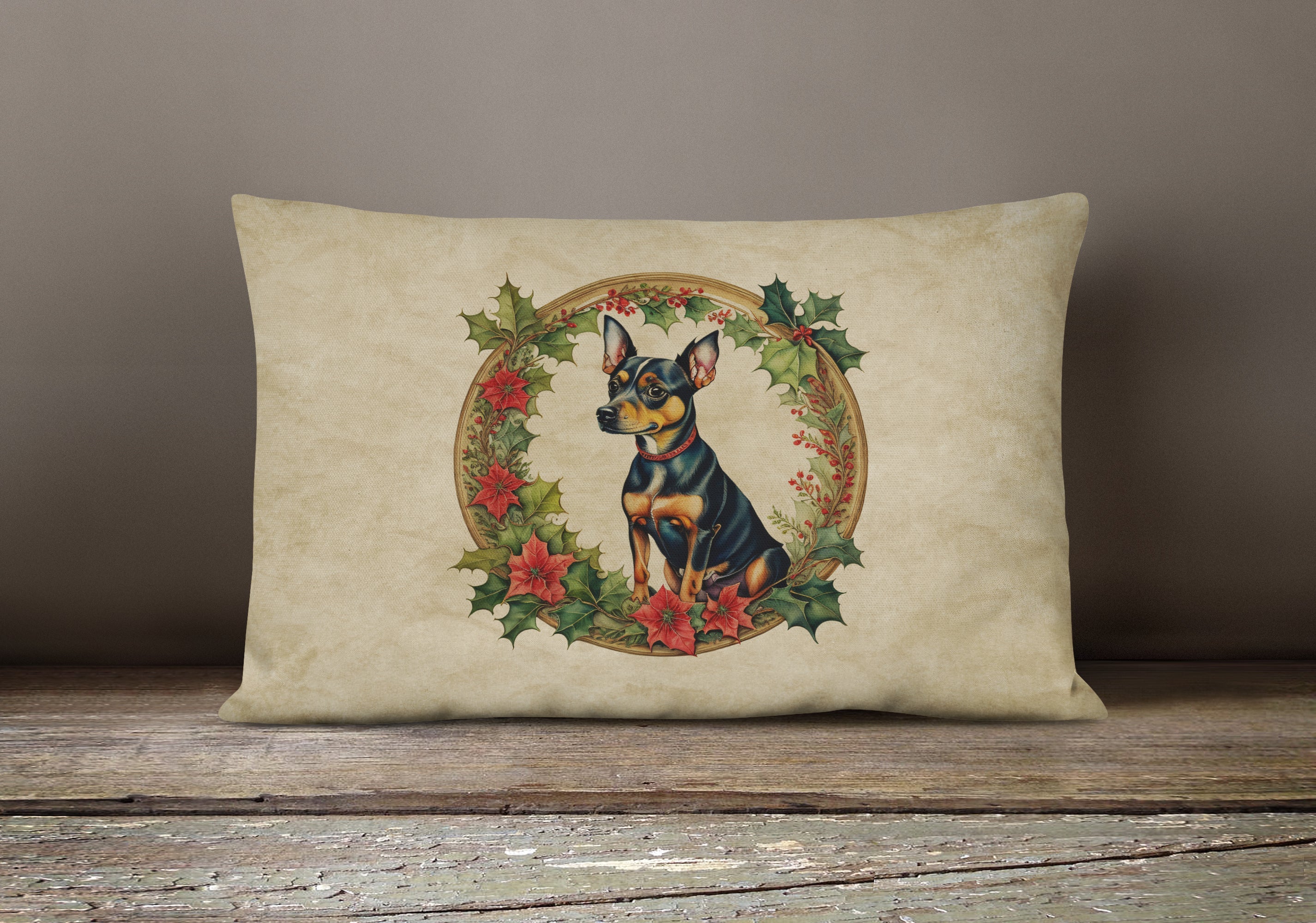 Miniature Pinscher Christmas Flowers Throw Pillow