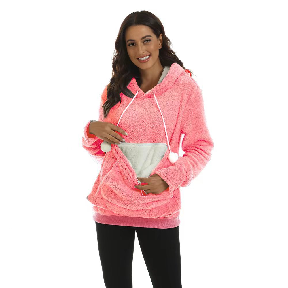Solid Color Hooded Sweater with Large Pocket
