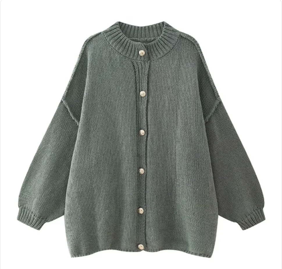 French Loose Fit Round Neck Cardigan with Metal Buttons