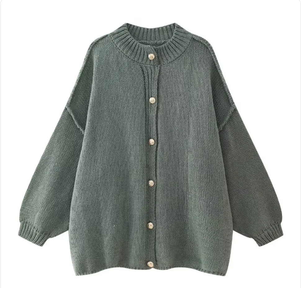 French Loose Fit Round Neck Cardigan with Metal Buttons
