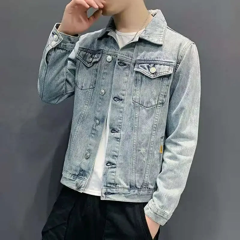 Slim Fit Ripped Denim Jacket for Men - Trendy Style