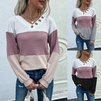 Color Block V-neck Waffle Knit Pullover for Women | Streetwear