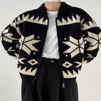 Men's Knitted Geometric Contrast Color Lapel Cardigan