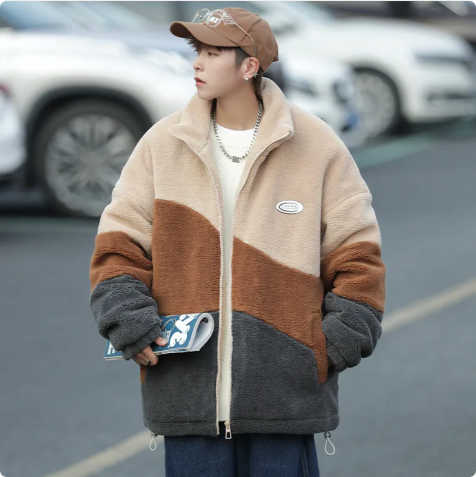 Color Block Thickened Cotton-Cashmere Jacket