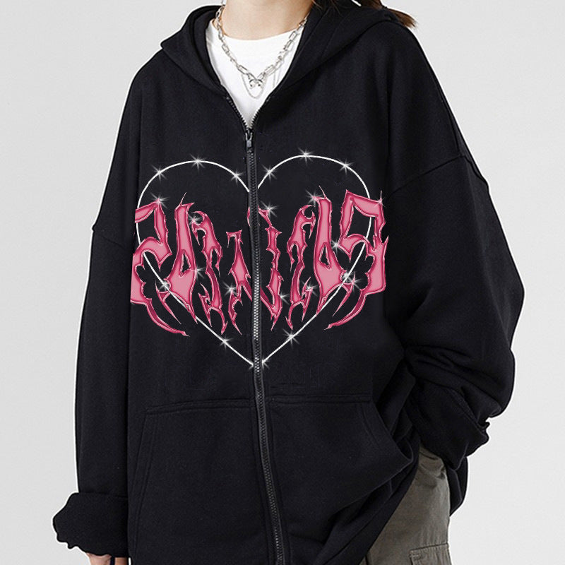 Y2K Oversized Hoodie with Graffiti Heart Print for Women | Streetwear