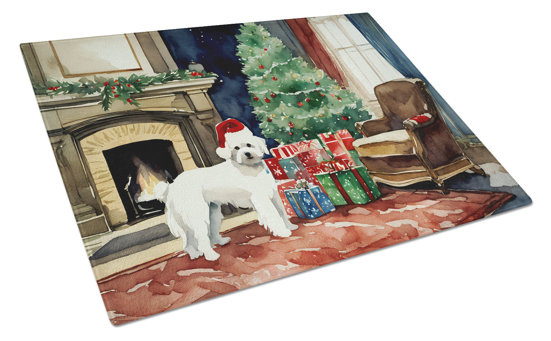 Maltese Cozy Christmas Glass Cutting Board