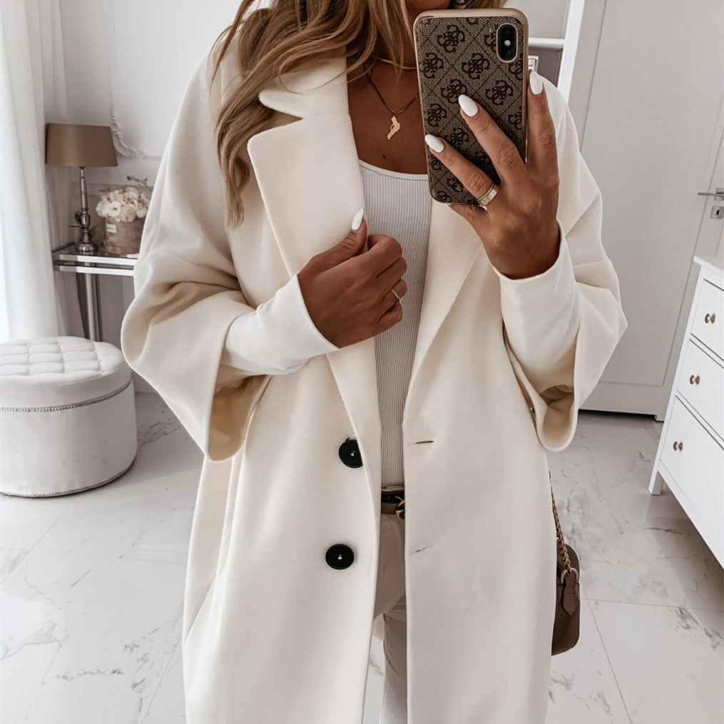 Women's Woolen Jacket with Button Lapel and Pockets