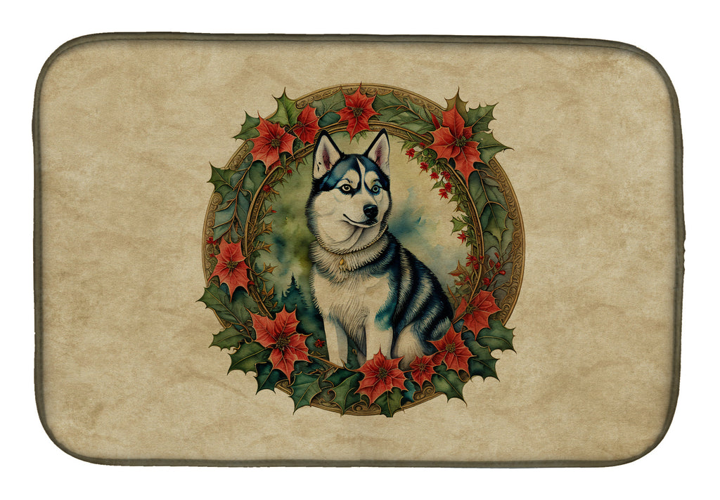 Siberian Husky Christmas Flowers Dish Drying Mat