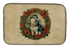 Siberian Husky Christmas Flowers Dish Drying Mat
