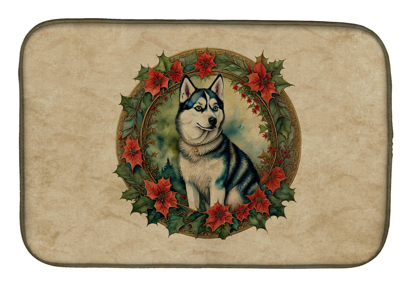 Siberian Husky Christmas Flowers Dish Drying Mat