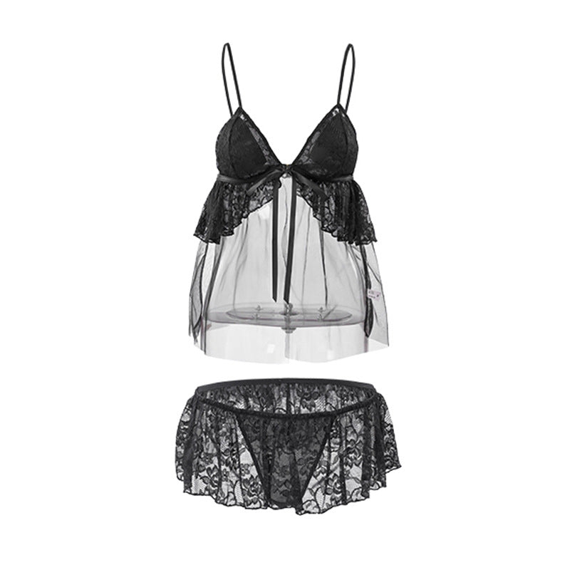 Sheer Lace Babydoll Lingerie Set with Padded Cups and Thong