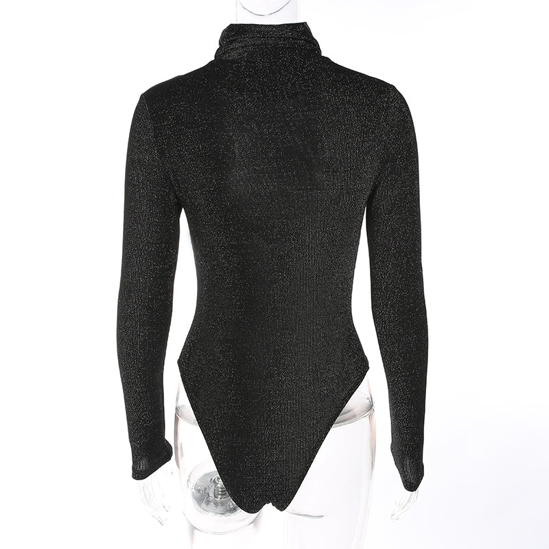 Black Gold Silk Sexy Mock Neck Bodysuit
