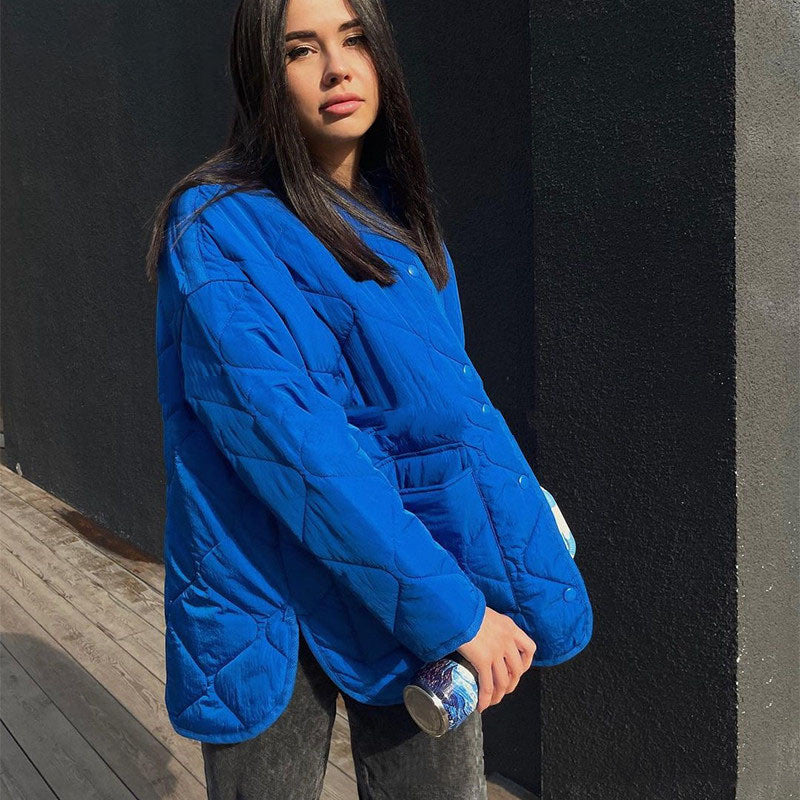 Casual Loose Blue Round Neck Cotton Coat for Women