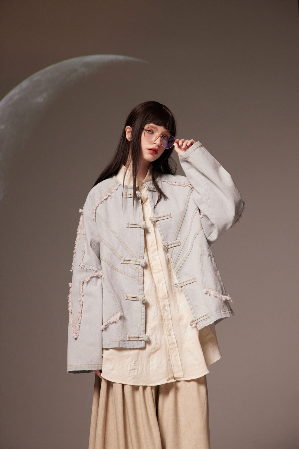 Vintage Chinese Style Denim Jacket in Washed Blue