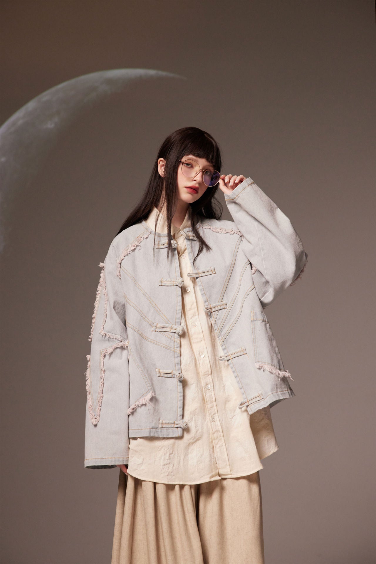 Vintage Chinese Style Denim Jacket in Washed Blue
