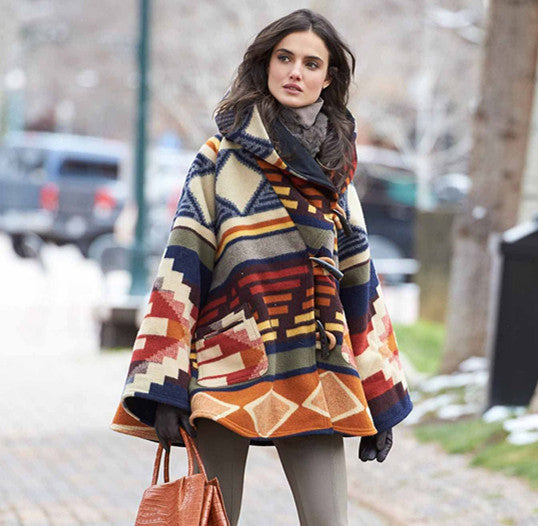 Printed Woolen Long-Sleeved Hooded Coat