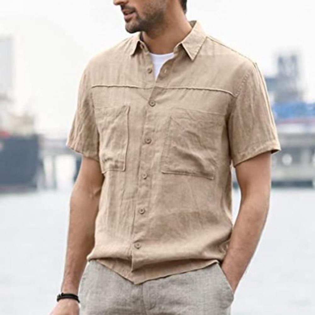 Men's Casual Short Sleeve Cardigan Shirt with Pockets