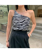 Zebra Print Women's One-Shoulder Tank Top