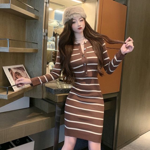 Classy Women's 2-Piece Striped Cropped Cardigan & Dress