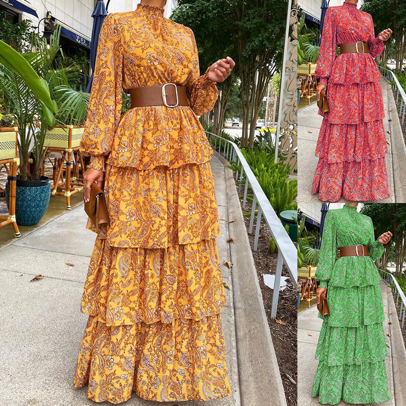 Ruffled Floral Half-Turtleneck Dress for Women