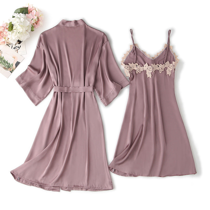Spring Summer Satin Lingerie Set with Lace Trim