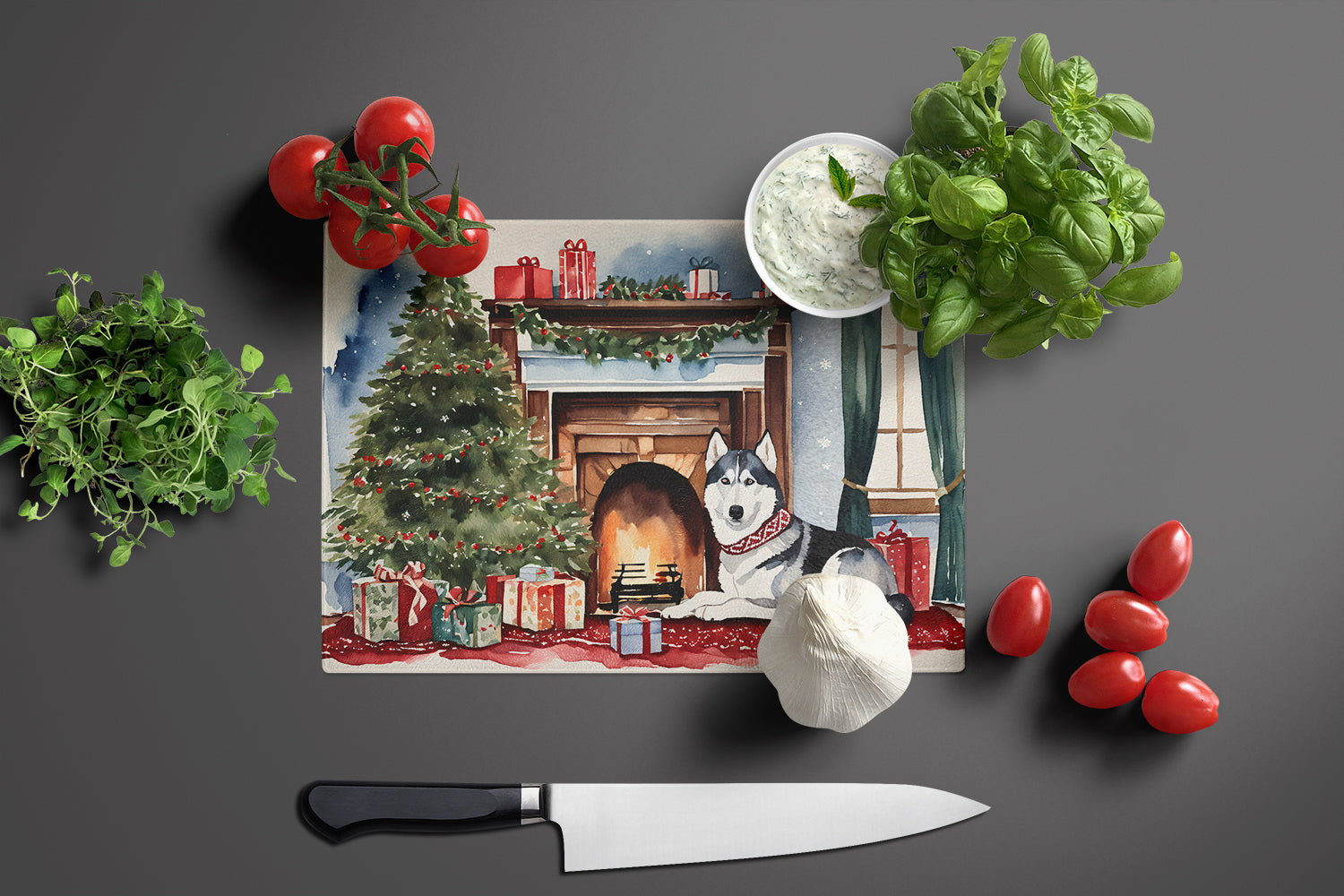 Siberian Husky Cozy Christmas Glass Cutting Board