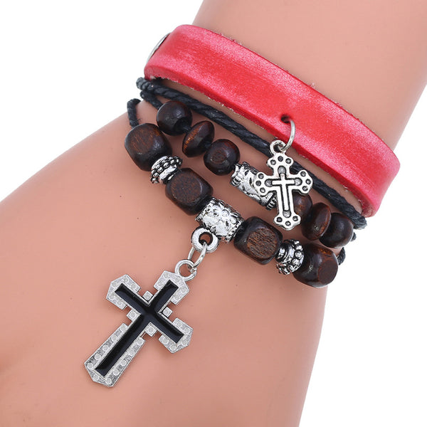 Leather Cross Beaded Charm Bracelet