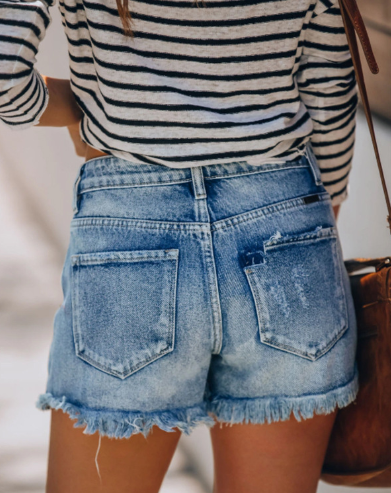 High-Waisted Ripped Denim Shorts with Pockets for Women