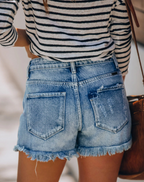 High-Waisted Ripped Denim Shorts with Pockets for Women