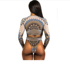 Women's Long Sleeve Printed Bikini with Thong Bottom