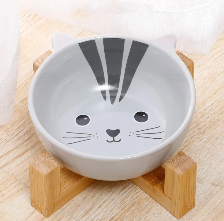 Cute Ceramic Pet Bowl with Bamboo Stand, Cartoon Animal Face Design, Elevated Non-Slip Food & Water Dish for Cats & Small Dogs