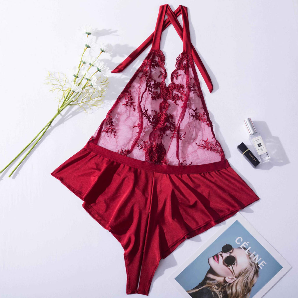 Sexy Embroidered Summer Bodysuit with Lace-Up Design