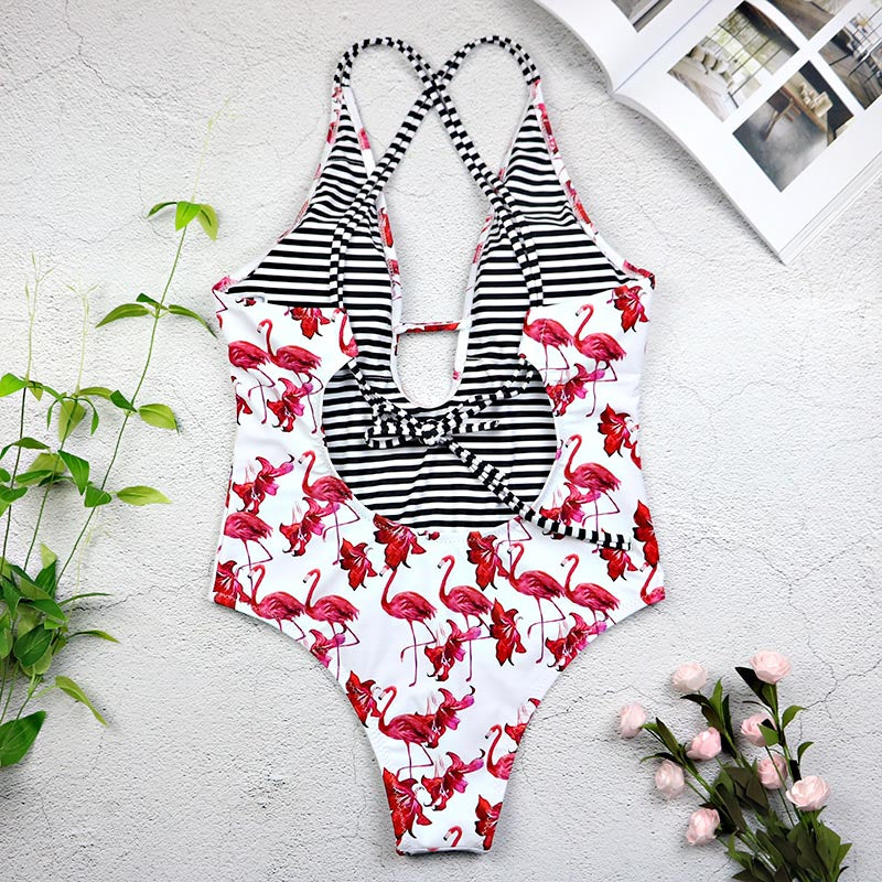 Flamingo Print Bikini with Cross Strap One-Piece Swimsuit