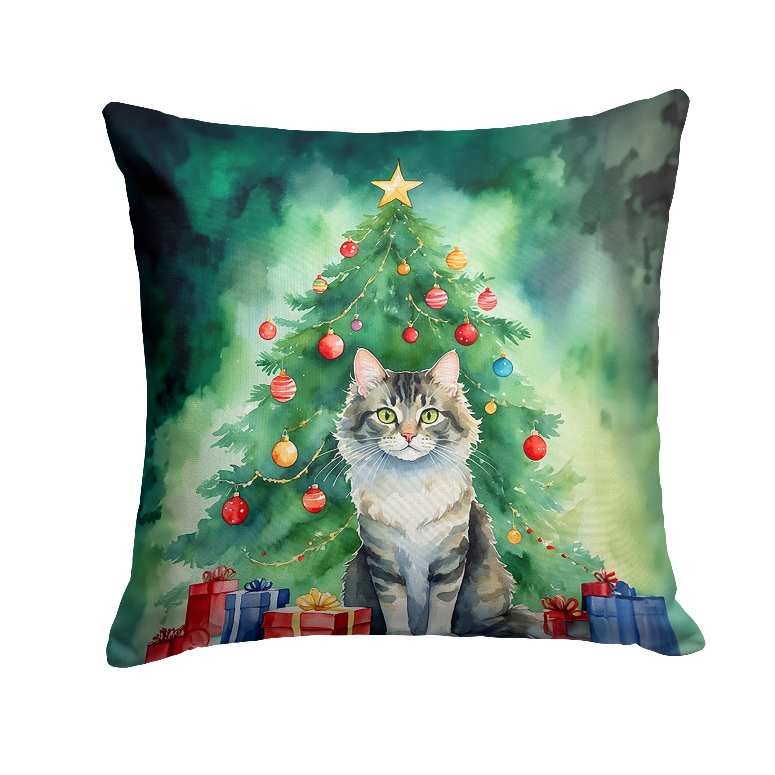 La Perm Cat By the Christmas Tree Throw Pillow