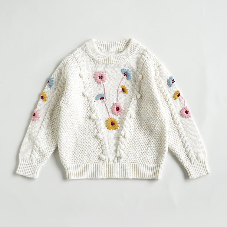 Hand Embroidered Flower Baby Cotton Pullover Sweater