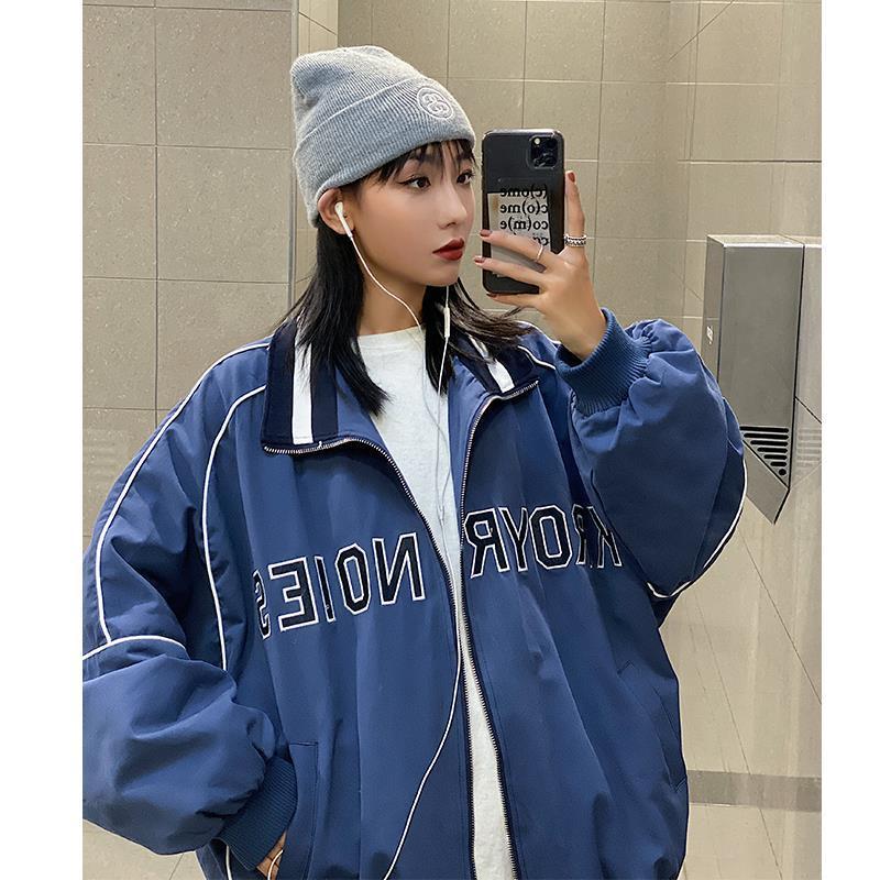 Loose Baseball Uniform Jacket for Women with Stand-up Collar
