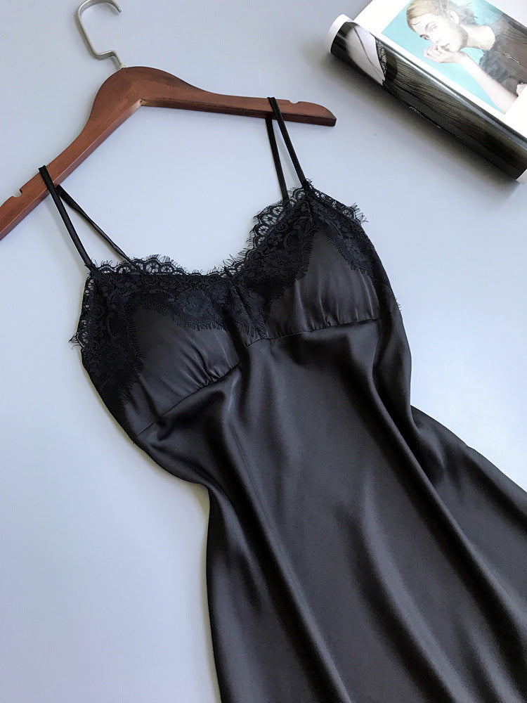 Silk Lace Trim V-Neck Nightgown with Cups (Summer)